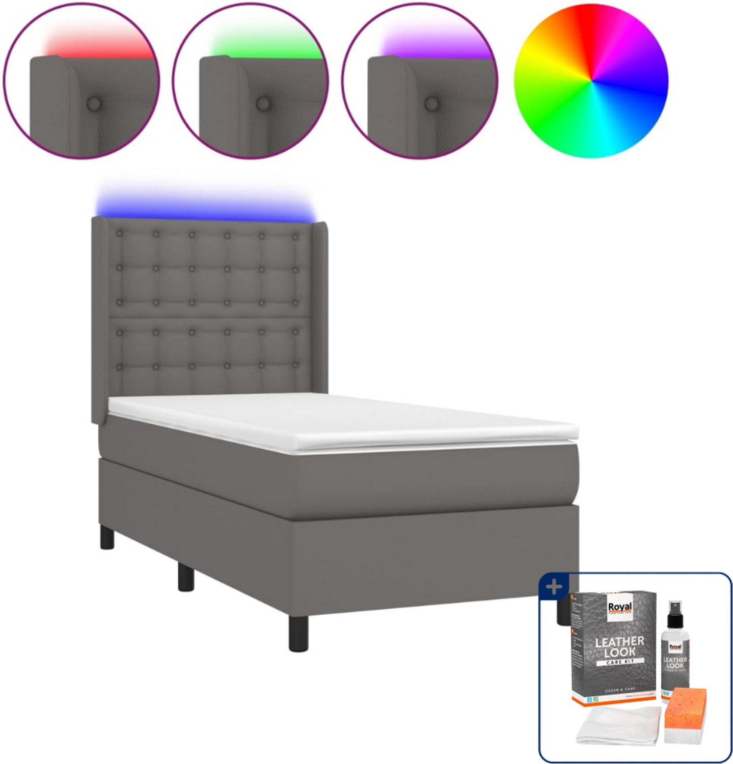 vidaXL boxspring met matras en led - 80 x 200 cm - grijs - Inclusief onderhoudsset voor kunstleer 150 ml