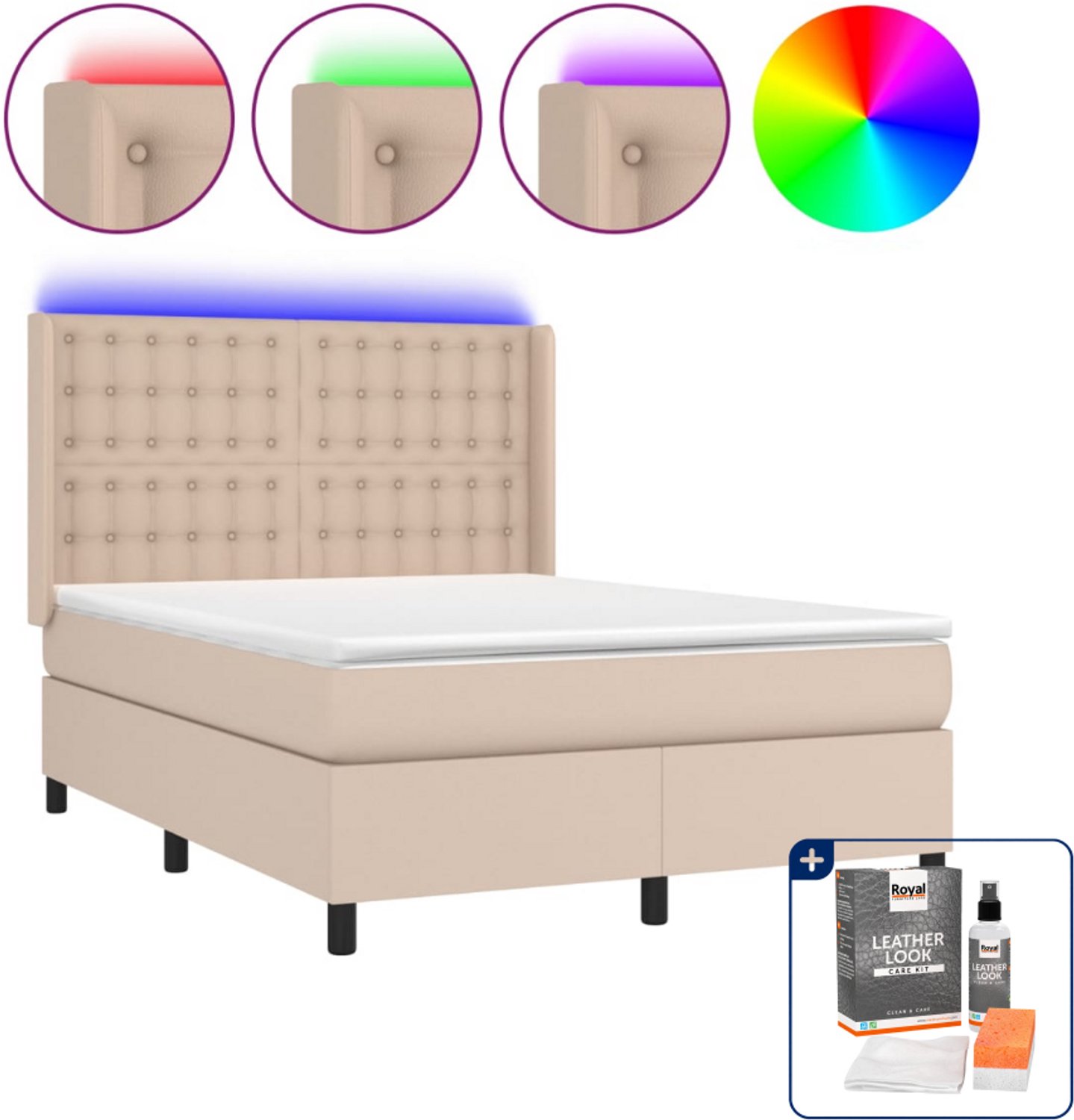 vidaXL boxspring met matras en led - Small double - 140x200 cm - cappuccino - Inclusief onderhoudsset voor kunstleer 150 ml Bruin