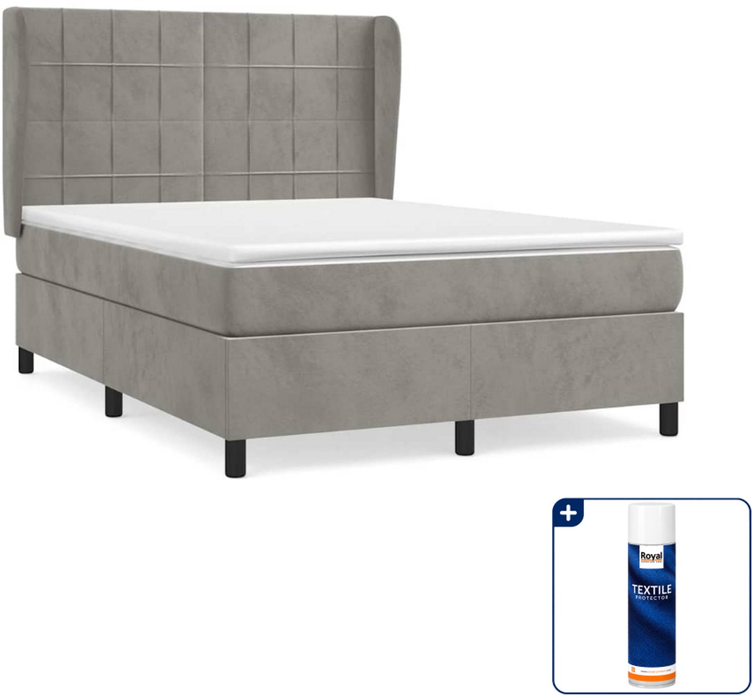 vidaXL boxspring met matras - 140 x 190 cm - fluweel - lichtgrijs - Inclusief textielbeschermer 500 ml
