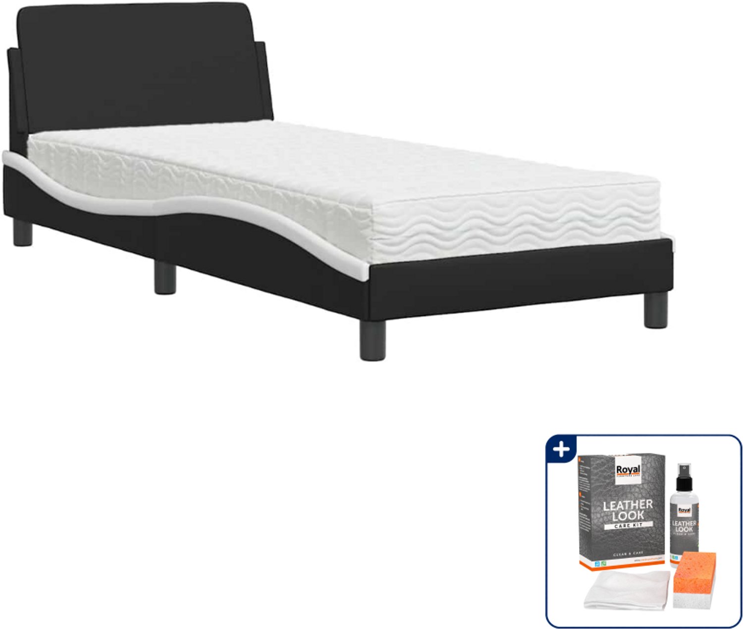 vidaXL Bed met matras Dover - 80 x 200 cm - kunstleer - zwart en wit - Inclusief onderhoudsset voor kunstleer 150 ml Blauw