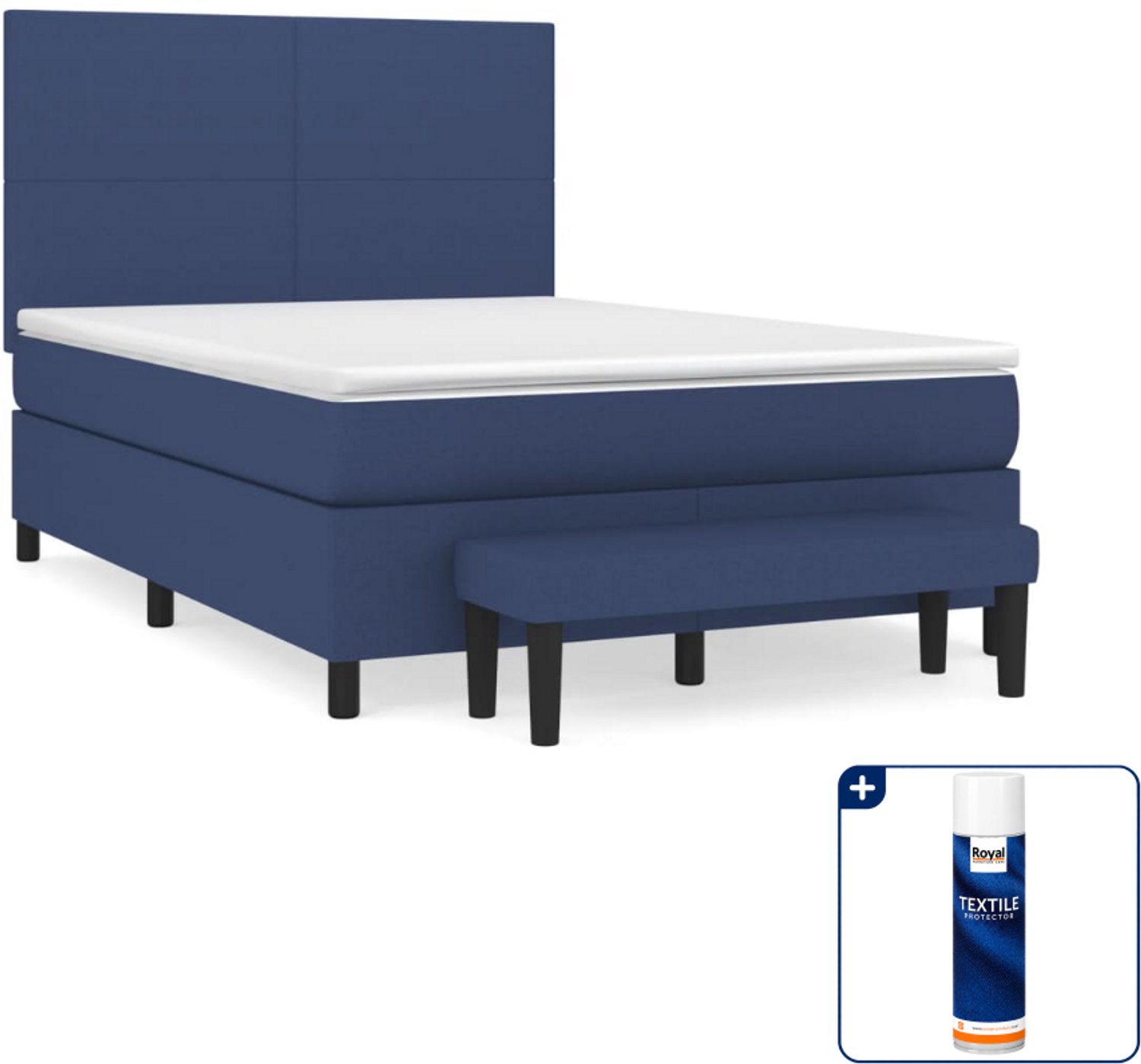 vidaXL boxspring met matras en bankje - 140 x 190 cm - blauw - Inclusief textielbeschermer 500 ml