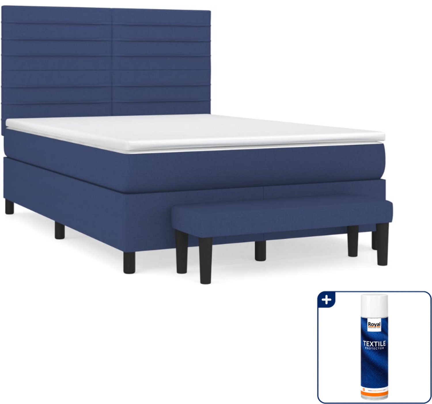 vidaXL boxspring met matras en bankje - 140 x 190 cm - blauw - Inclusief textielbeschermer 500 ml