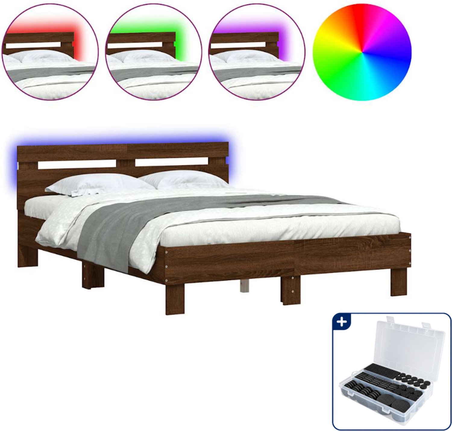 vidaXL bedframe met LED 120 x 200 cm - bruineiken - Inclusief antikrasvilt 177-delig Zwart