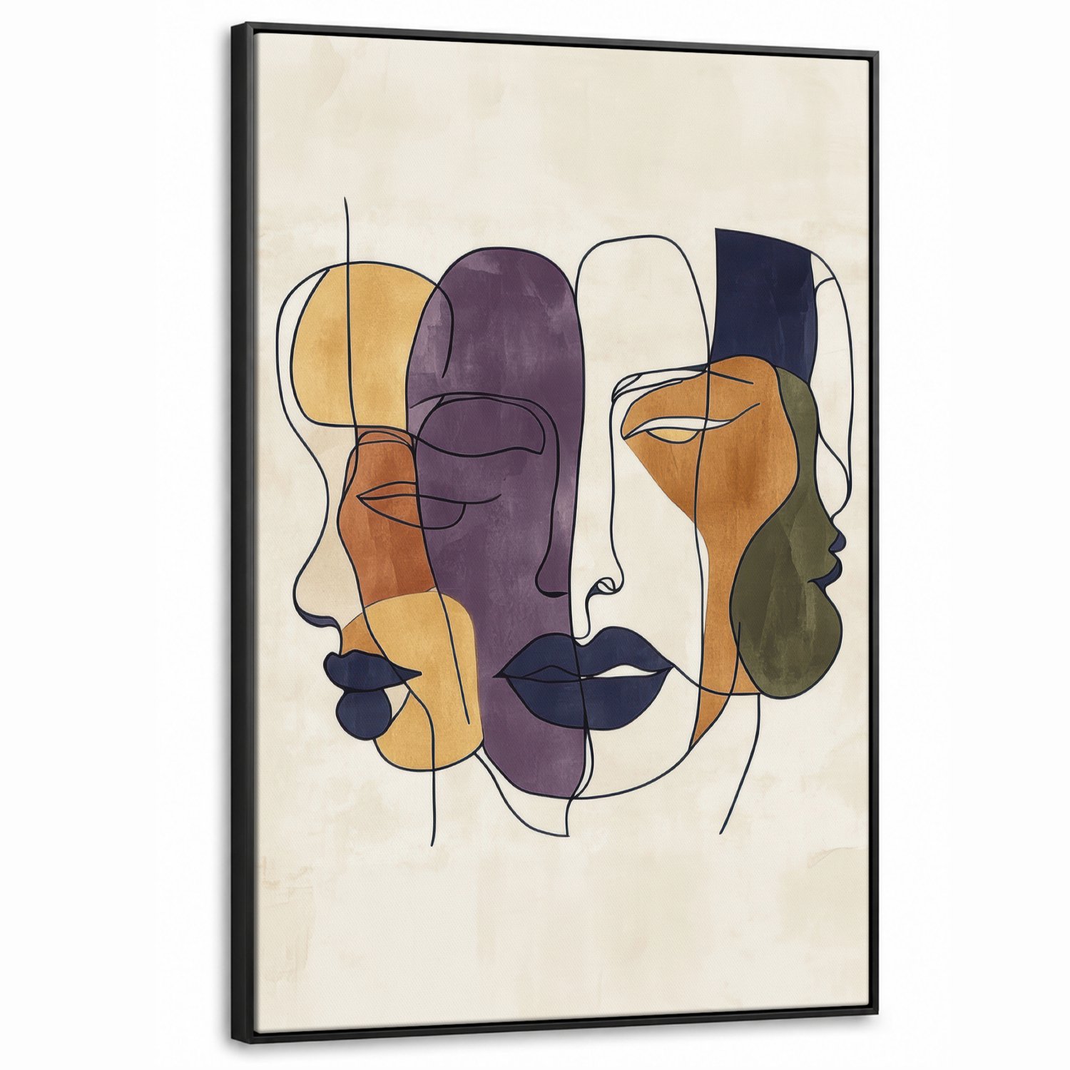 Canvas Schilderij met Baklijst XXL Canvas Schilderij met Baklijst 90x140cm - Abstract - Overlappende gezichten - Paars - Donkergroen - Muurdecoratie woonkamer - Slaapkamer decoratie - Kamer accessoires - Schilderijen op canvas met lijst groot