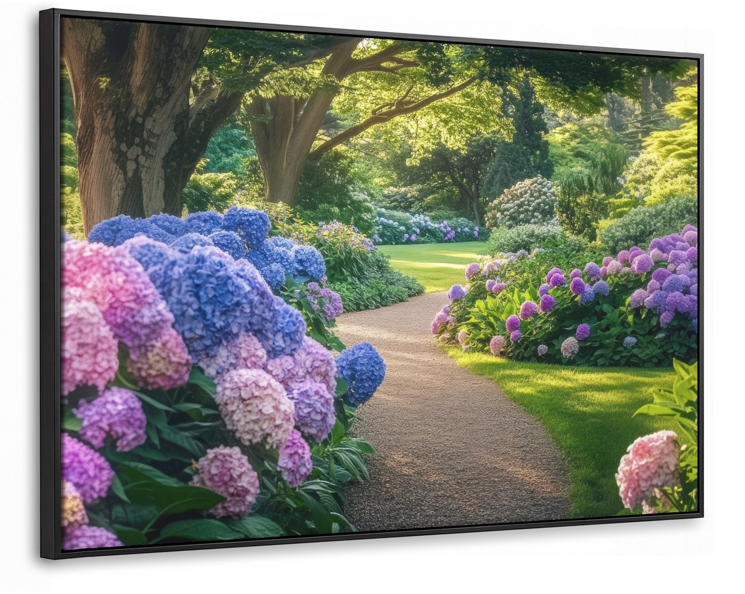 Canvas Schilderij met Baklijst XXL Canvas Schilderij met Baklijst 140x90cm - Hortensia- Park - Pad - Muurdecoratie woonkamer - Slaapkamer decoratie - Kamer accessoires - Schilderijen op canvas met lijst groot