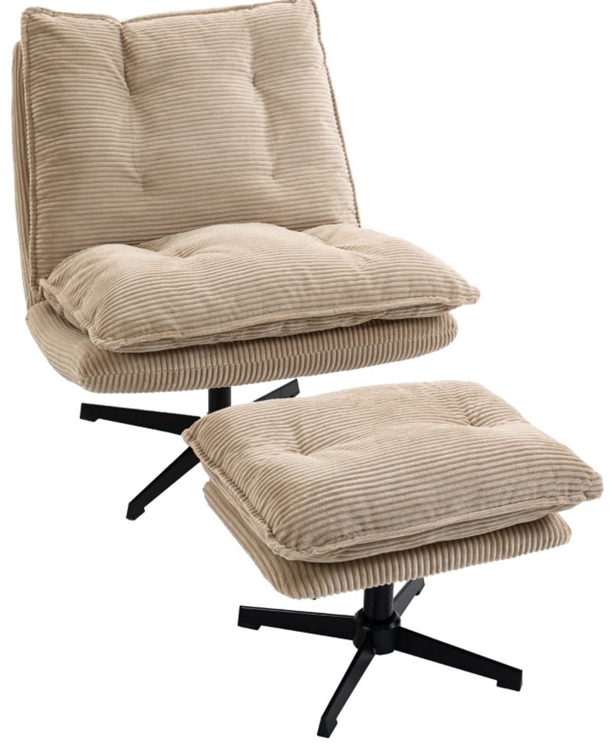 STILVORA Relaxfauteuil 82 x 74 x 89 cm - 360 Graden Draaibaar Met Verstelbare Hocker - Voor Woonkamer En Leeshoek - Ribstof - Beige
