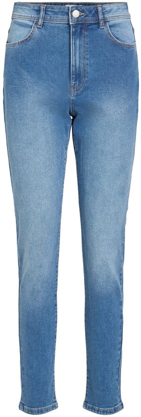 Blauwe high-waist skinny jeans met knoopsluiting, geïsoleerd op witte achtergrond.