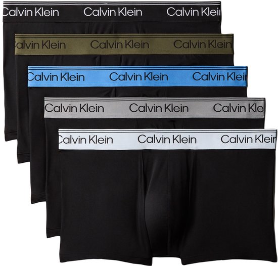 Set van vijf zwarte Calvin Klein boxershorts met diverse gekleurde taillebanden.