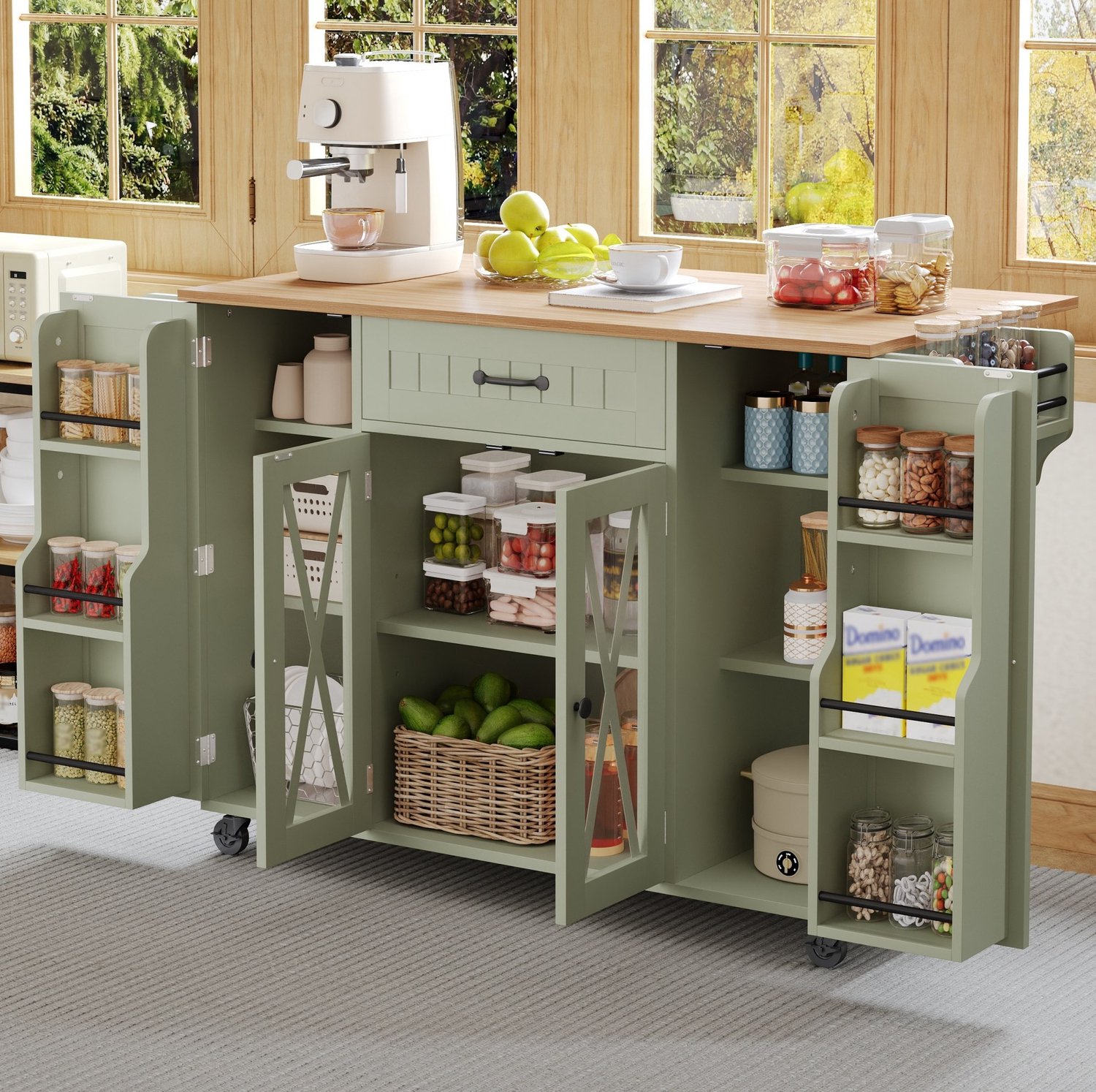 OKWISH Keukeneiland op Wielen - Opklapbaar Werkblad en Lade - Voor Koken en Eten - Groen MDF met Houtlook Werkblad - 120 x 69 x 90 cm