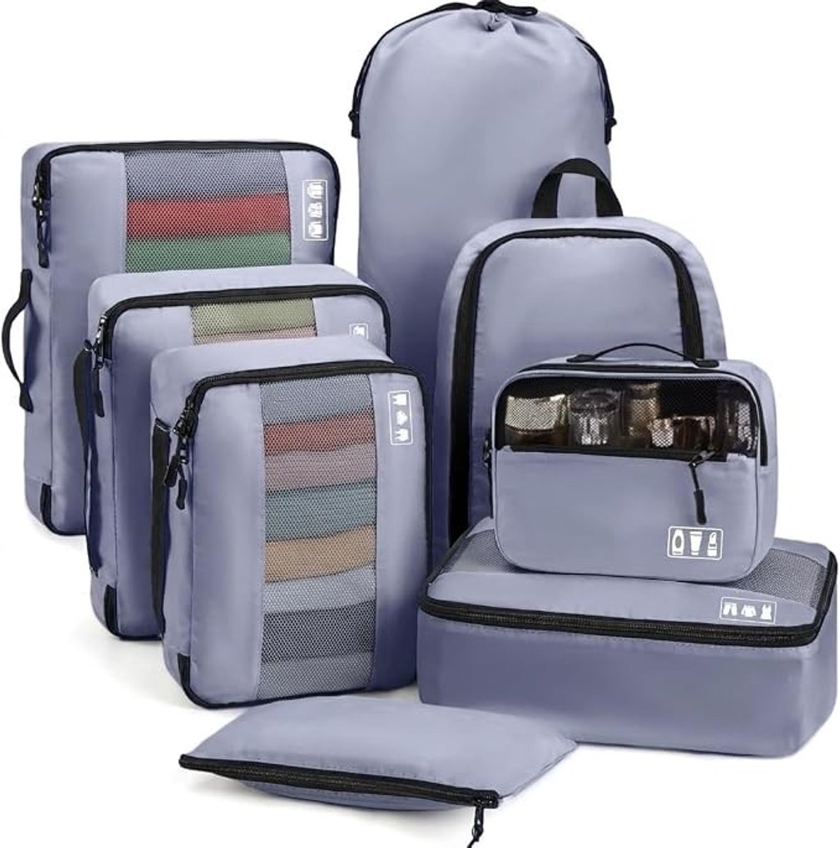 PolkaHome Koffer Organizer 8-delig - Packing Cubes met Schoenenzak en Cosmeticatas - Grijs