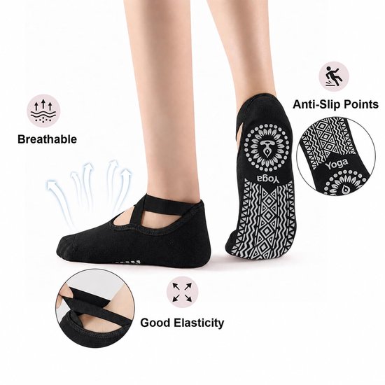 Antislip yogasokken - Set van 2 paar - Trainingssokken voor dames en meisjes - One-size sokken voor op de vloer - Antislipontwerp met bandjes - Voor pilates, dans en fitness - Zwart + Grijs — afbeelding 4