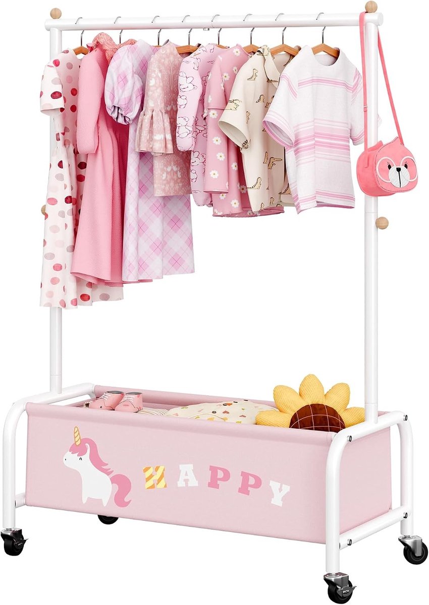 Kinderkledingrek met Opbergruimte, Vrijstaand Metalen Kledingrek voor Kinderen, Ideaal voor Peuters en Kinderkamers, Roze