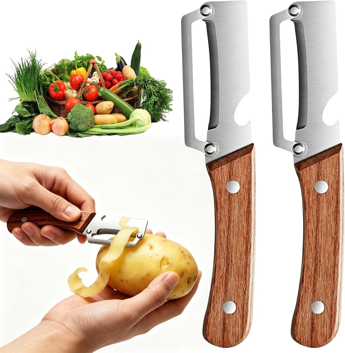 Set van 2 Multifunctionele Groentenschillers met Houten Handvat, Ideaal voor Schillen, Snijden en Bereiden van Groenten
