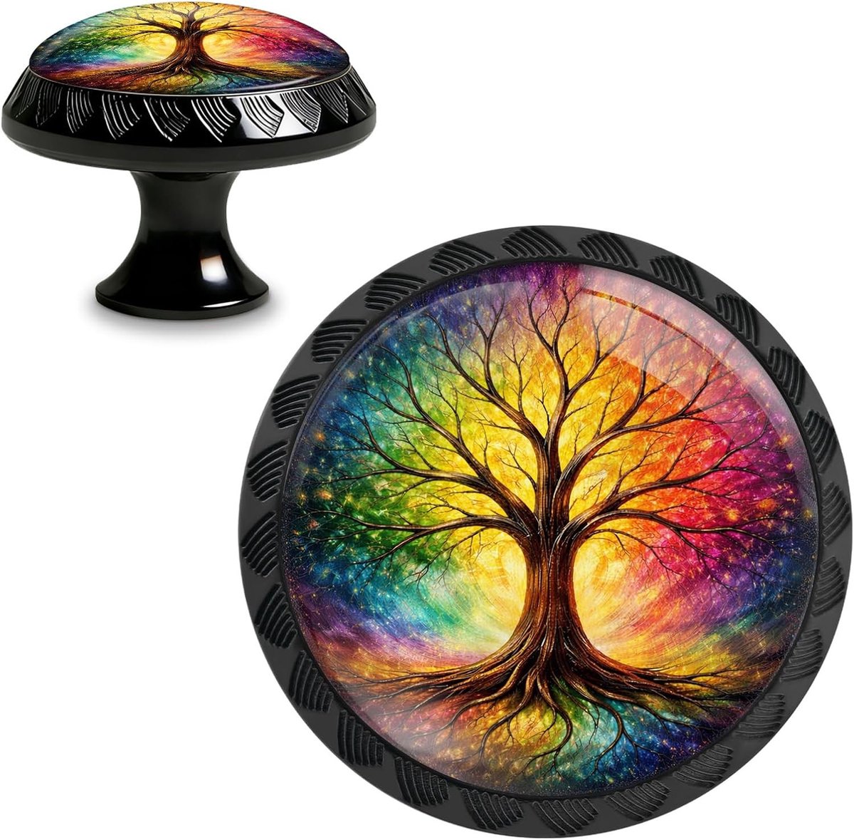 Set van 4 Kleurige Boom van het Leven Keuken Kastknoppen - Acryl Ronde Lade Handgrepen voor Keukenkast en Dressoir Deuren