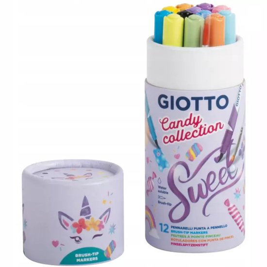 Giotto Candy Collection pennen in potje, deksel met eenhoorn. Potje met 'Sweet' en snoepjes.