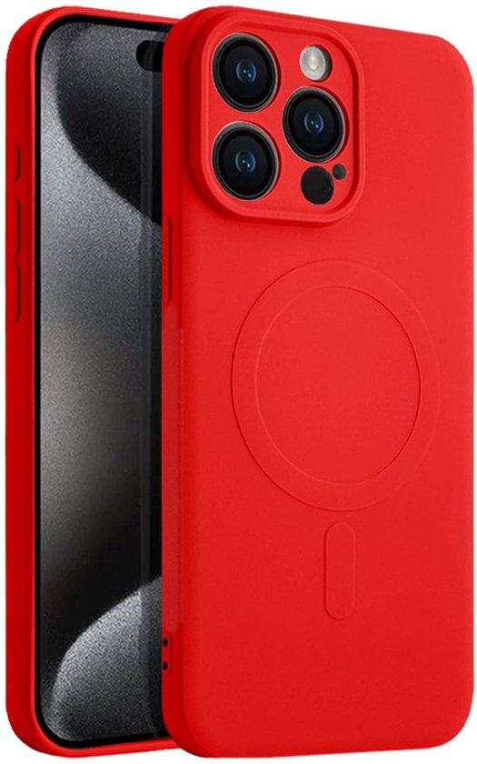 Rood siliconen hoesje voor iPhone 15 Pro Max met MagSafe-compatibel cirkelontwerp.