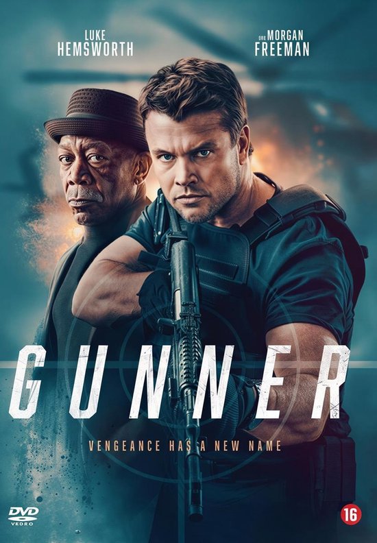 Poster voor de film Gunner met Luke Hemsworth en Morgan Freeman. "Vengeance has a new name."