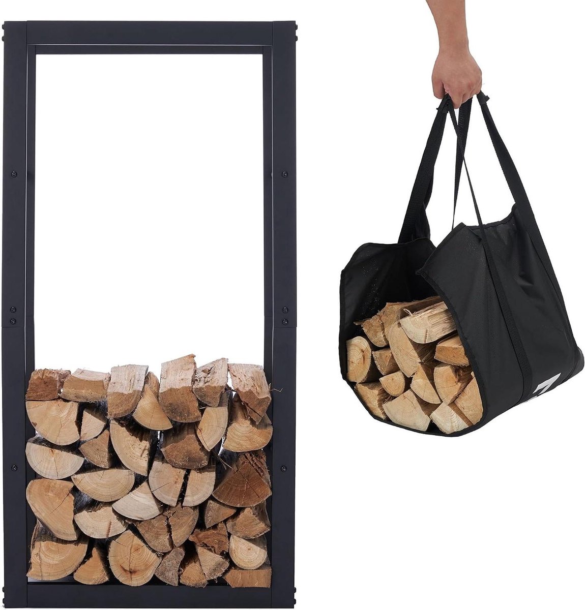 Houtopslag Rek - Houtmand - Haardhout Opslag - Inclusief Draagtas - 50x25x100cm - Zwart