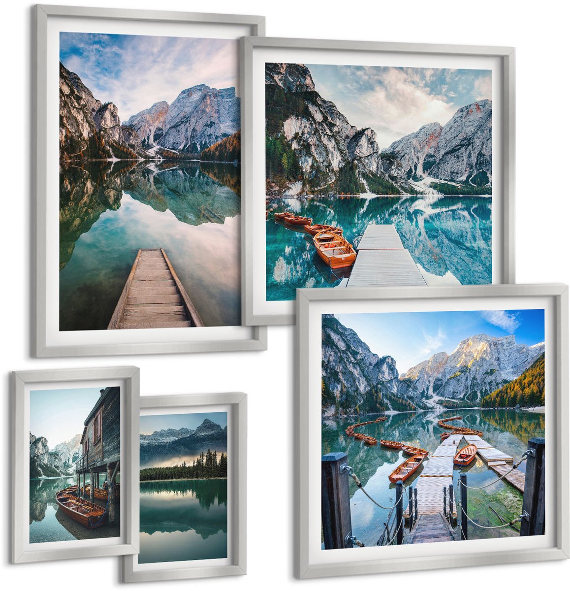Coloray 5-Delige Schilderij Set - Een Rustig Meer In De Bergen Met Houten Bootjes. - 20 x 30 cm - Stijlvolle Muurdecoratie - Kantoor - Wanddecoratie