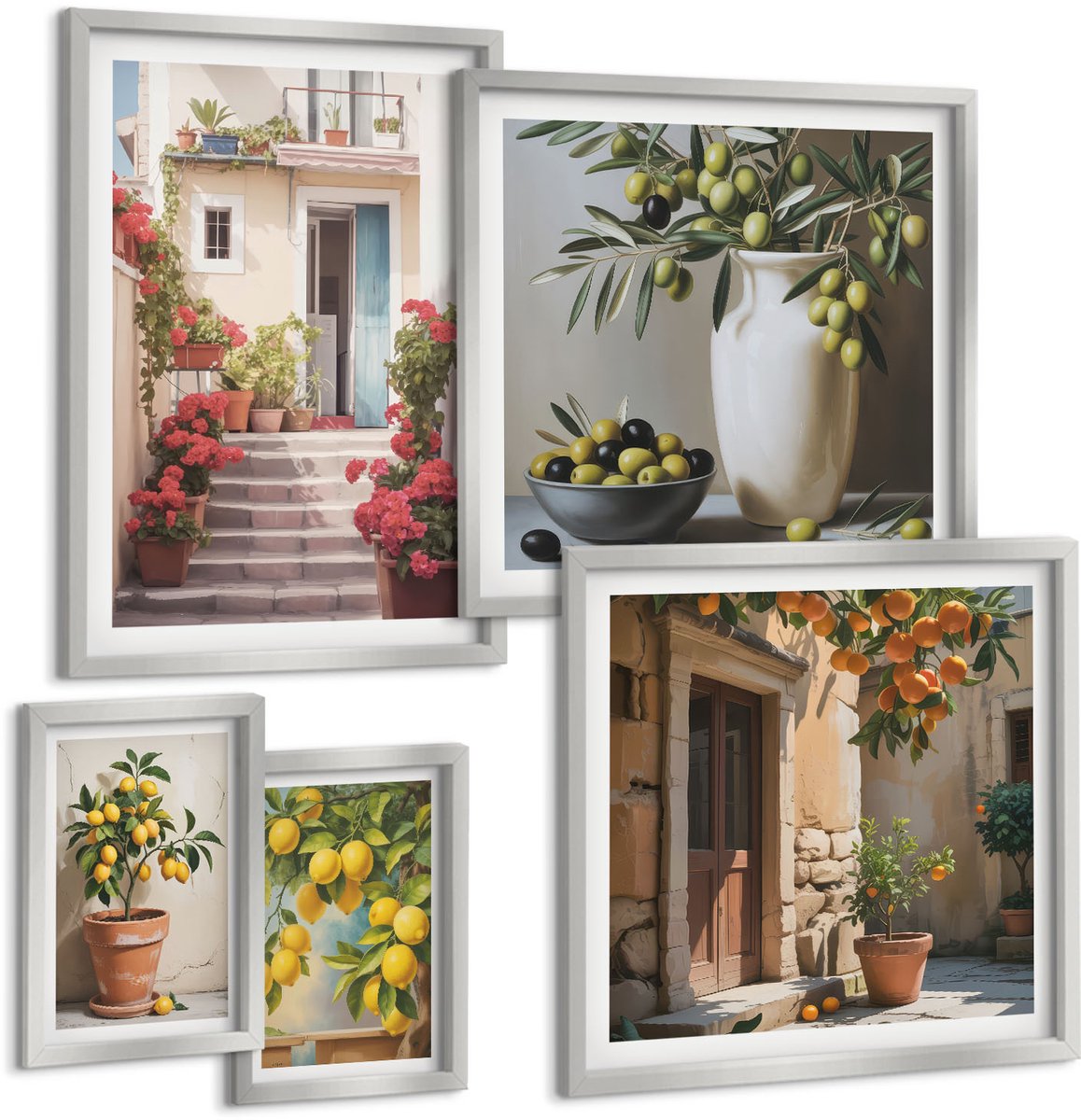 Coloray 5-Delige Schilderij Set - Trendy Posters Met Citrusvruchten In Italiaanse Stijl - 20 x 30 cm - Wanddecoratie - Muurdecoratie - Moderne Interieurdecoratie - Stijlvolle Muurdecoratie