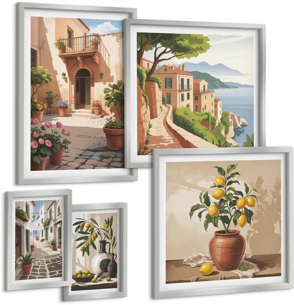 Coloray 5-Delige Schilderij Set - Potplanten En Citroenen Tegen De Achtergrond Van Een Straat. - 20 x 30 cm - Decoratieve Schilderijen - Woonkamer - Interieur - Moderne Wanddecoratie