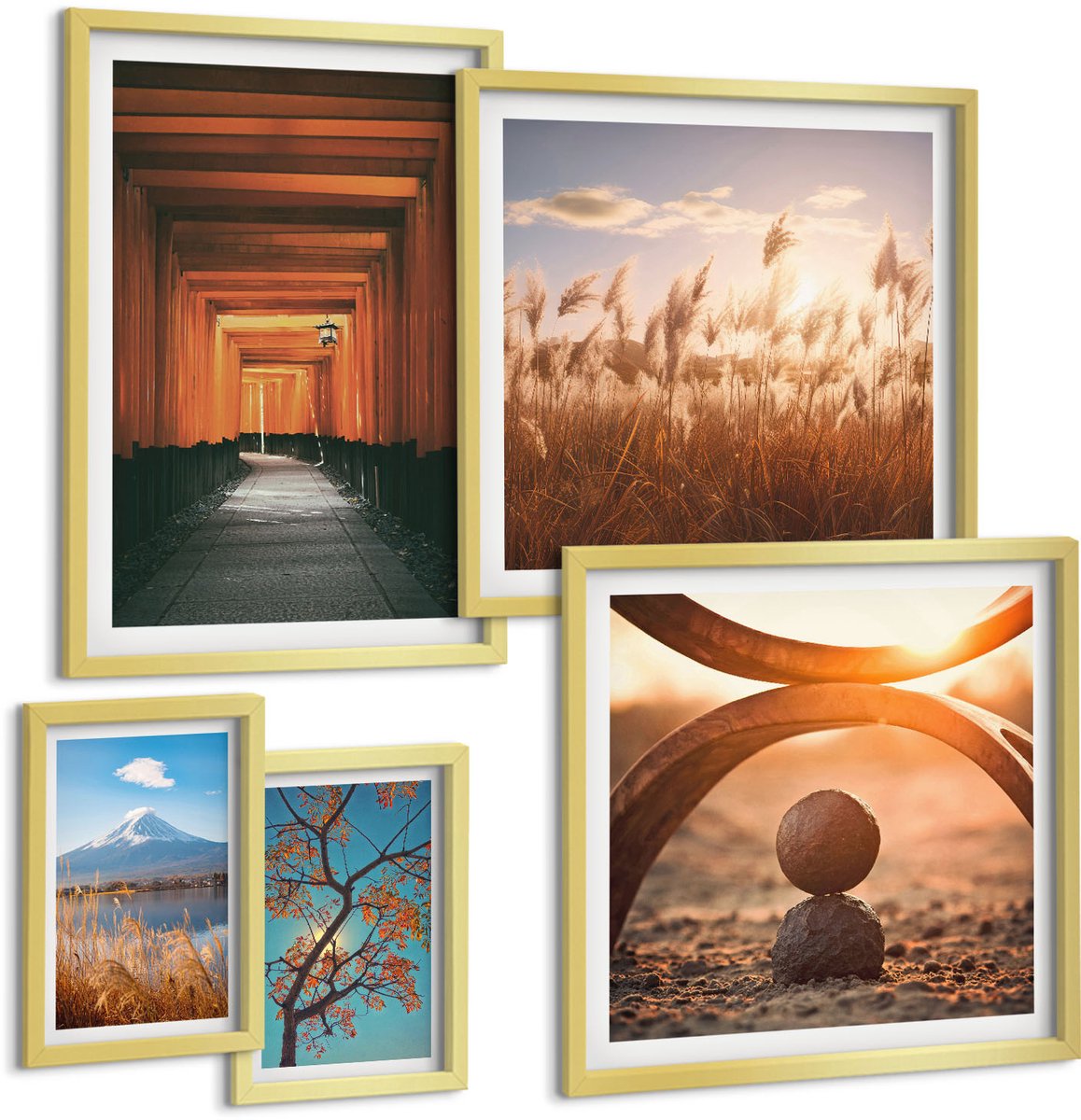 Coloray 5-Delige Schilderij Set - Rustgevende Natuurlandschappen Met Zen- En Harmonie-Motieven. - 50 x 50 cm, 20 x 30 cm En 40 x 60 cm - Muurdecoratie - Wanddecoratie - Hal - Woonkamer Decoratie
