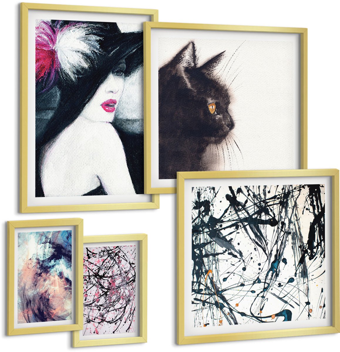 Coloray 5-Delige Schilderij Set - Stijlvolle Portretten En Abstracte Kunstcomposities - 50 x 50 cm, 20 x 30 cm En 40 x 60 cm - Decoratieve Schilderijen - Wanddecoratie - Hal