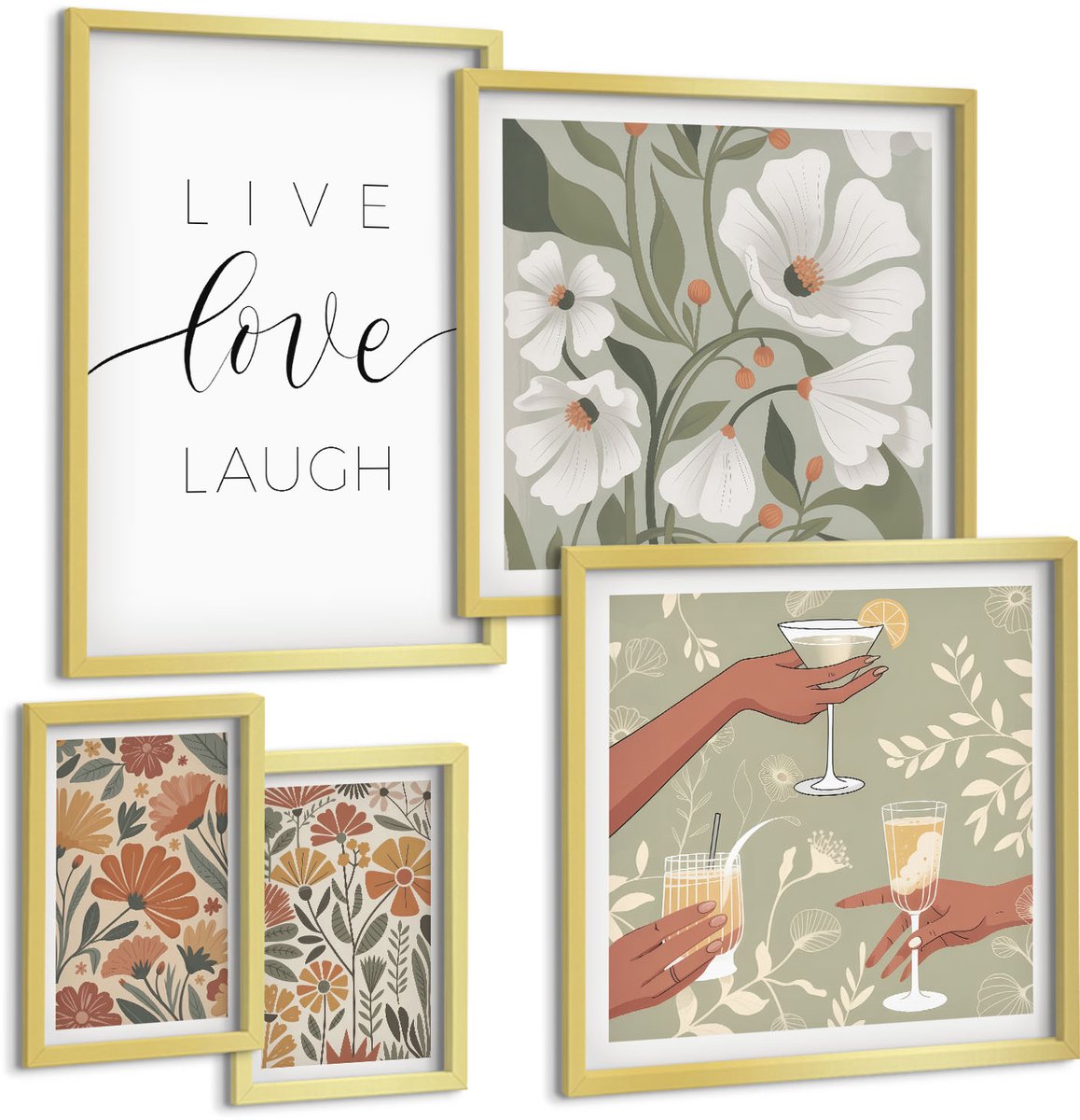 Coloray 5-Delige Schilderij Set - Stijlvolle Afbeeldingen Met Bloemenmotieven En Positieve Slogans. - 50 x 50 cm, 20 x 30 cm En 40 x 60 cm - Decoratieve Schilderijen - Wanddecoratie - Hal - Woonkamer Decoratie