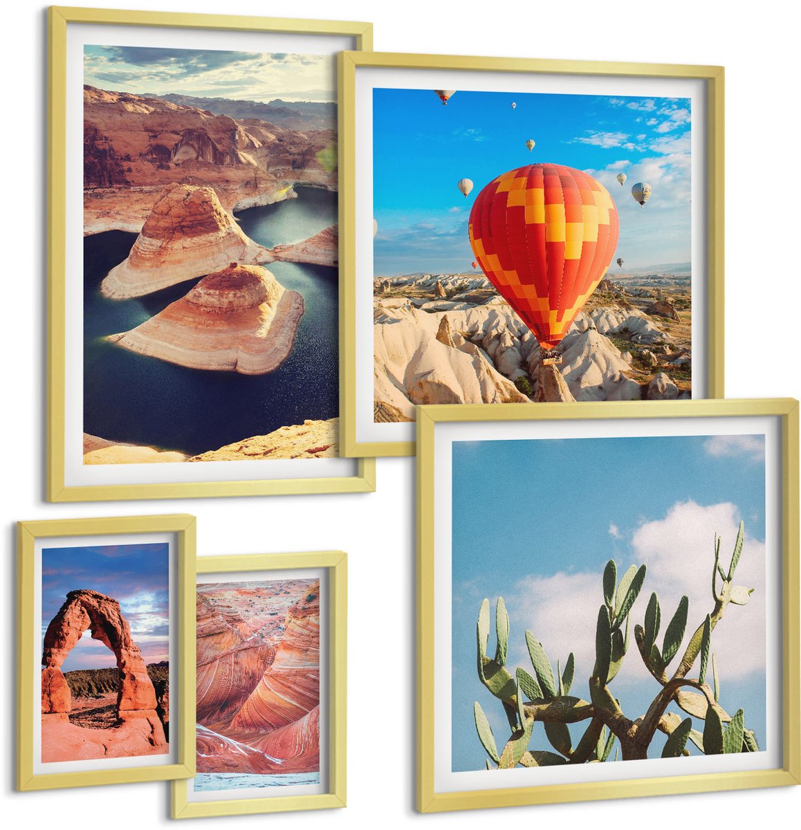Coloray 5-Delige Schilderij Set - Natuurlijke Landschappen Met Bergen En Waterpartijen - 50 x 50 cm, 20 x 30 cm En 40 x 60 cm - Muurdecoratie - Wanddecoratie - Hal - Interieur Decoratie