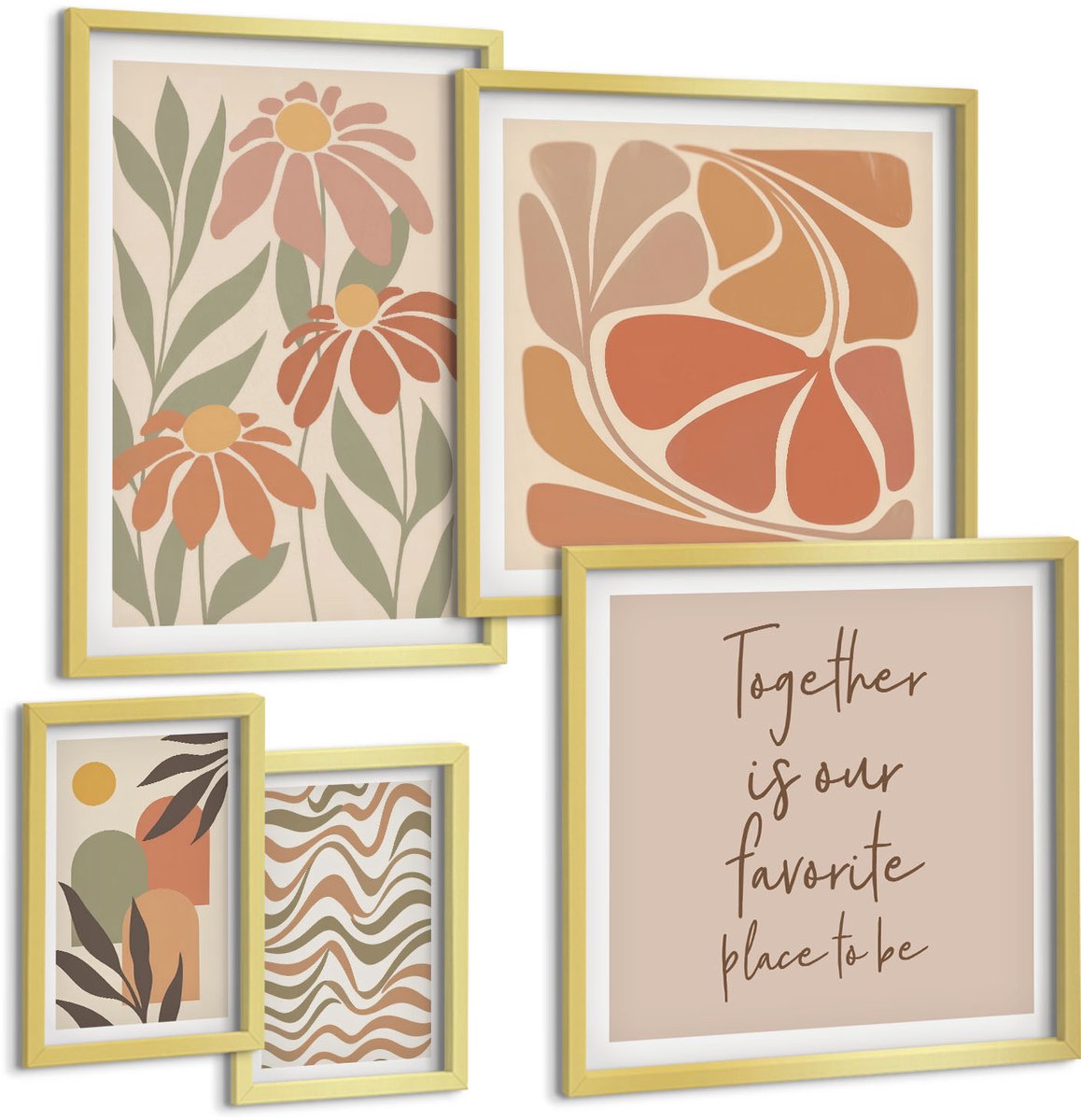 Coloray 5-Delige Schilderij Set - Stijlvolle Decoraties In Natuurlijke En Bloemige Tinten. - 50 x 50 cm, 20 x 30 cm En 40 x 60 cm - Decoratieve Muurdecoratie - Slaapkamer - Moderne Wanddecoratie