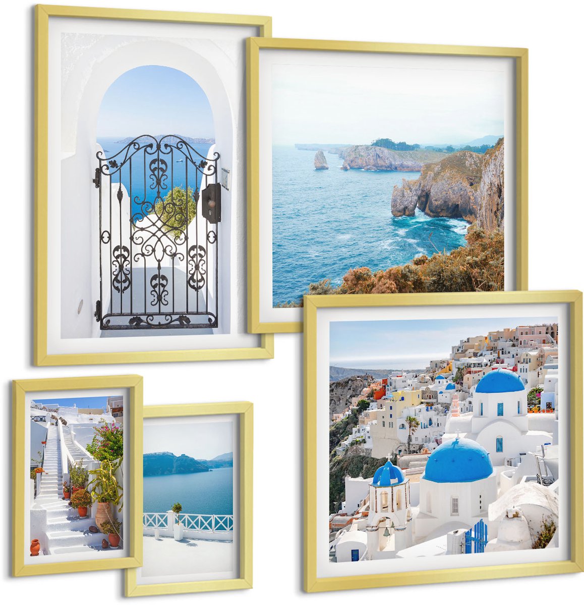 Coloray 5-Delige Schilderij Set - Uitzicht Op Santorini: De Blauwe Zee En De Witte Huizen. - 50 x 50 cm, 20 x 30 cm En 40 x 60 cm - Decoratieve Schilderijen - Wanddecoratie - Hal