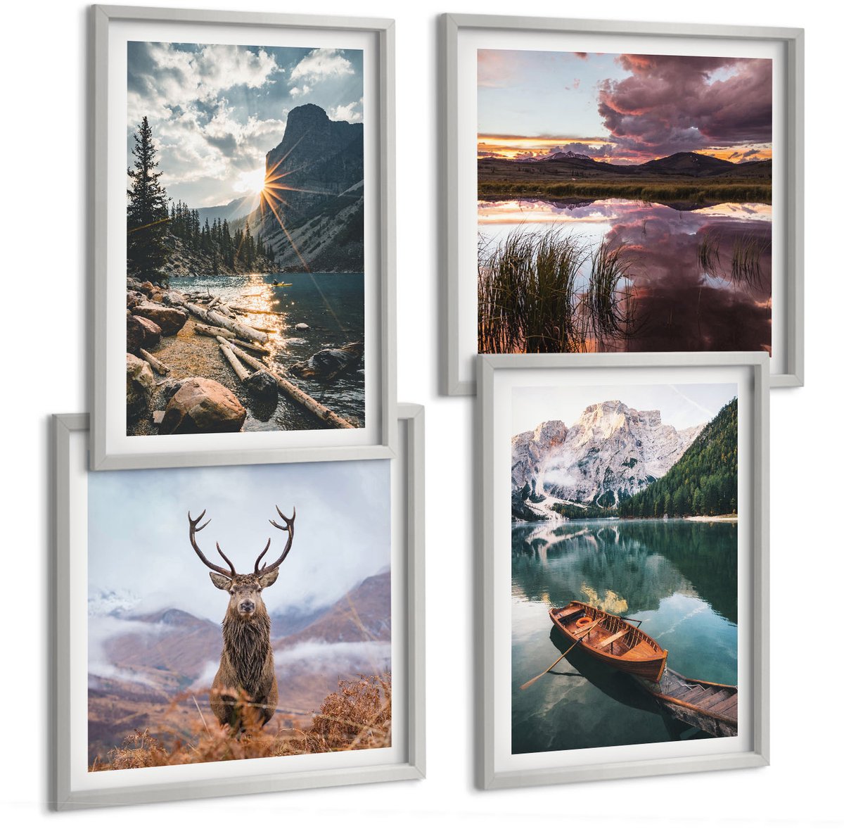 Coloray 4-Delige Schilderij Set - Bergmeer Lodz Zonsondergang Hert In De Natuur - 40 x 40 cm En 40 x 60 cm - Muurdecoratie - Interieur Decoratie - Stijlvolle Muurdecoratie