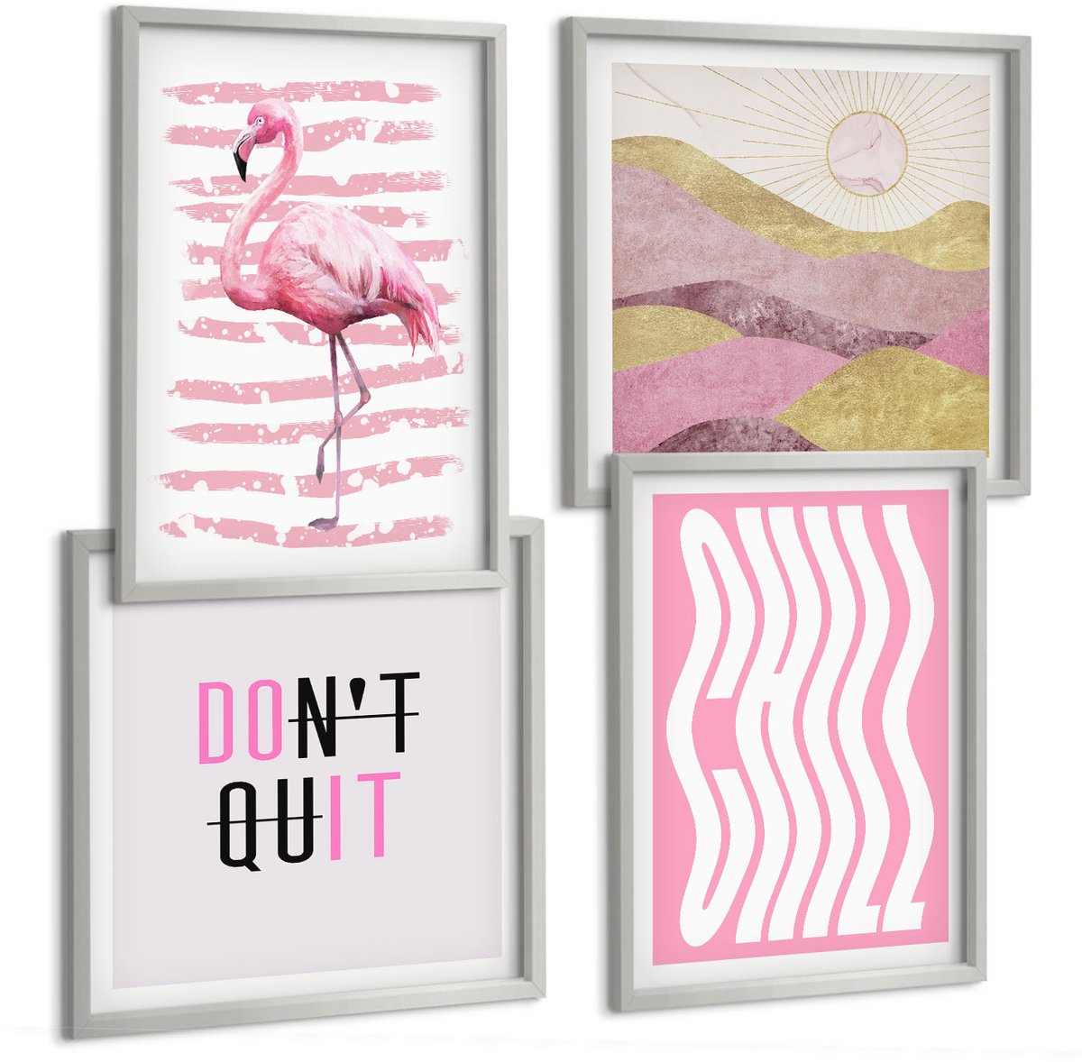 Coloray 4-Delige Schilderij Set - Roze Flamingo'S Pastel Berglandschap Belettering - 40 x 40 cm En 40 x 60 cm - Muurdecoratie - Interieur Decoratie - Moderne Wanddecoratie