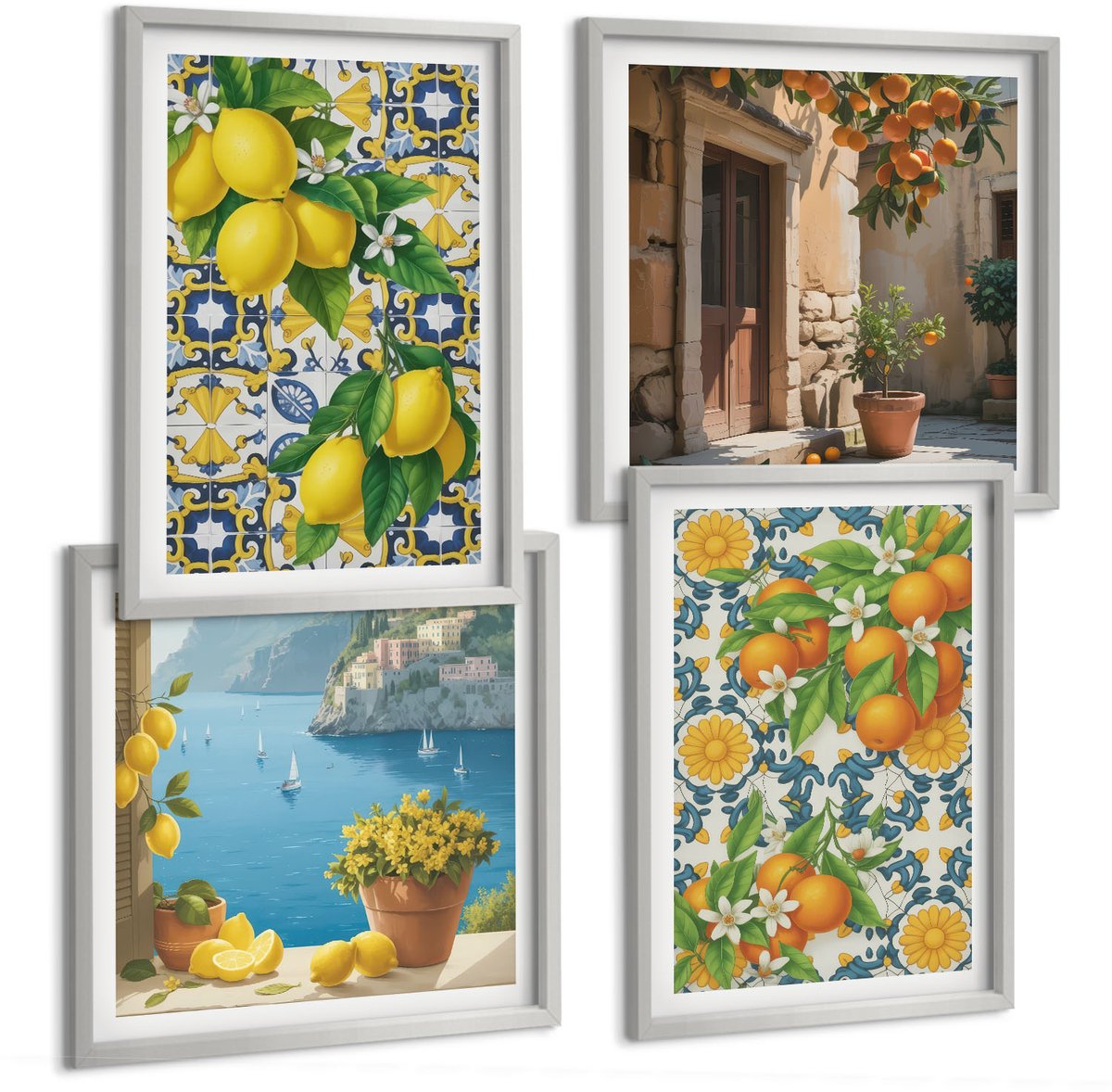 Coloray 4-Delige Schilderij Set - Citroenen, Bloemen En Sinaasappels In Italiaanse Stijl - 40 x 40 cm En 40 x 60 cm - Wanddecoratie - Moderne Interieurdecoratie - Decoratieve Schilderijen