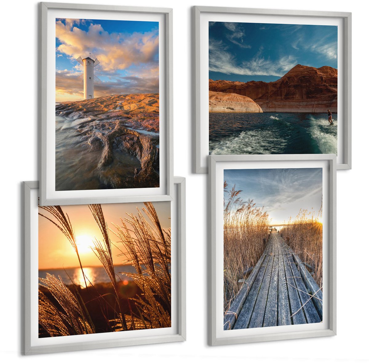 Coloray 4-Delige Schilderij Set - Uitzicht Op De Vuurtoren Over De Zee, Het Gras En Een Houten Pier. - 40 x 40 cm En 40 x 60 cm - Wanddecoratie - Moderne Interieurdecoratie - Moderne Wanddecoratie