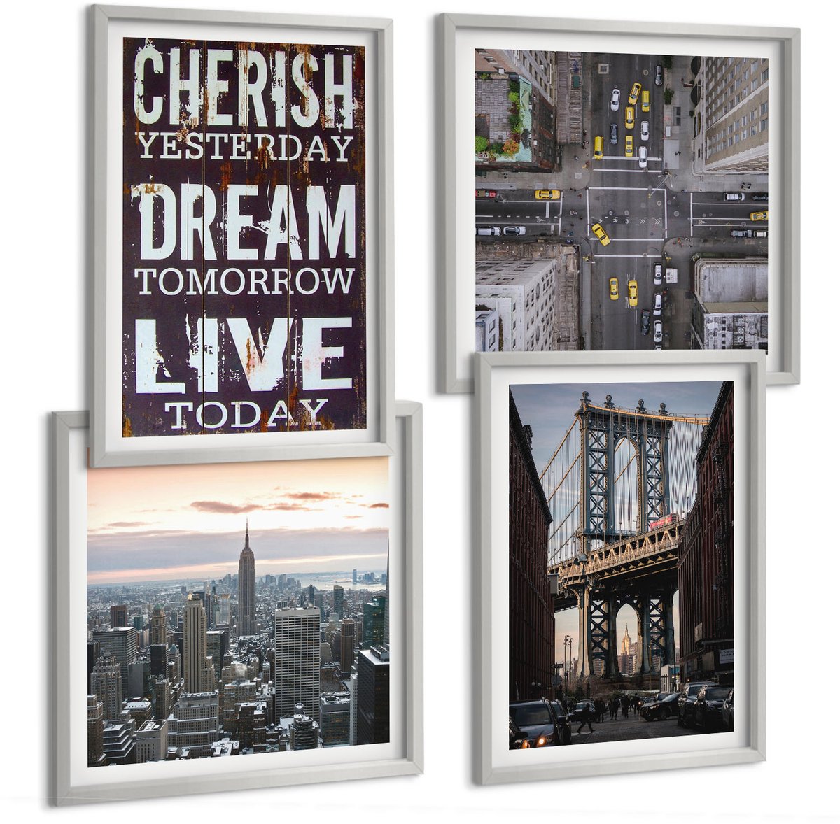Coloray 4-Delige Schilderij Set - Landschappen Van New York City Met Een Inspirerend Citaat - 40 x 40 cm En 40 x 60 cm - Moderne Wanddecoratie - Woonkamer - Muurdecoratie