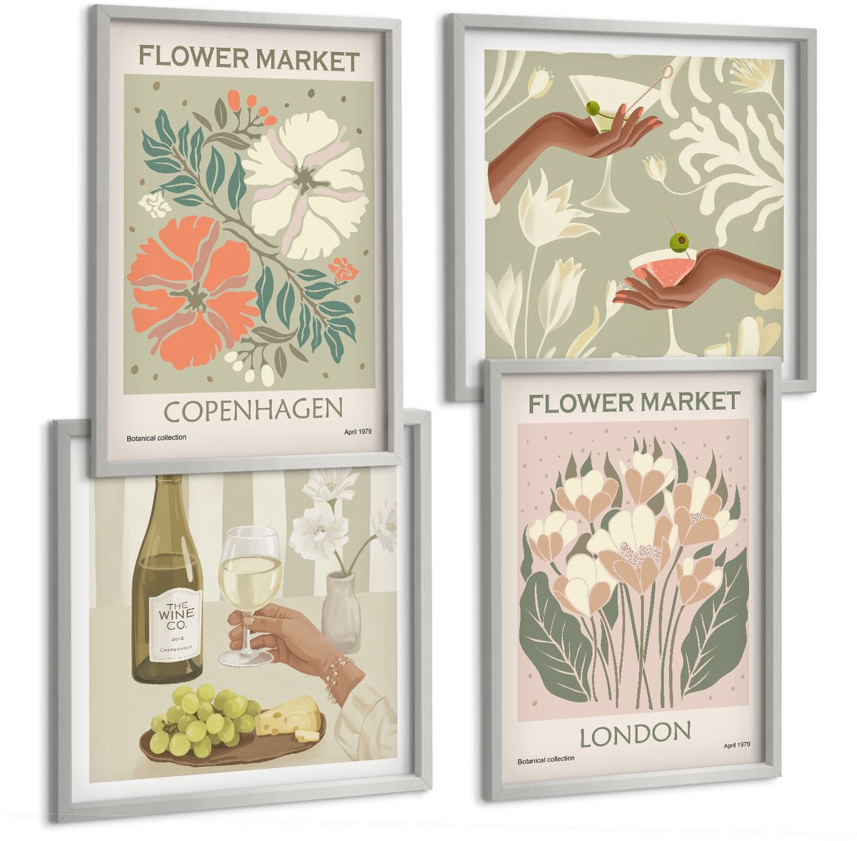 Coloray 4-Delige Schilderij Set - Bloemenposters Wijn Kopenhagen Londen - 40 x 40 cm En 40 x 60 cm - Moderne Wanddecoratie - Woonkamer - Decoratieve Schilderijen