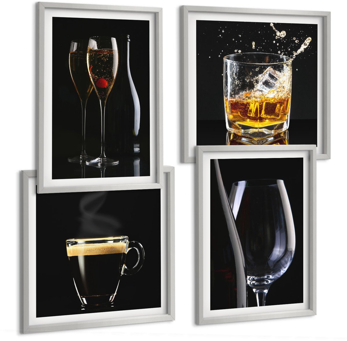 Coloray 4-Delige Schilderij Set - Whisky Wijn Champagne Koffie Dranken Alcohol - 40 x 40 cm En 40 x 60 cm - Muurdecoratie - Wanddecoratie - Hal - Woonkamer Decoratie