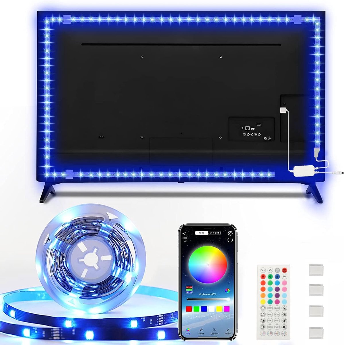 Strip 5m, RGB, led-achtergrondverlichting geschikt voor 55-75 inch televisie en pc, bediening via app en afstandsbediening, USB-voeding