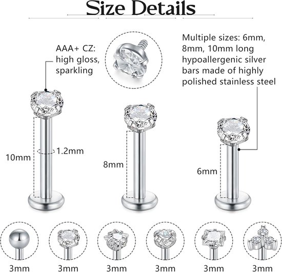 6 stuks draad roestvrij staal Medusa platte achterkant oorbellen, 16G 6/8/10 mm Silver Tragus Cartilage Helix Lip Labret Studs met stalen bal en CZ voor vrouwen mannen forward helix sieraden — afbeelding 3