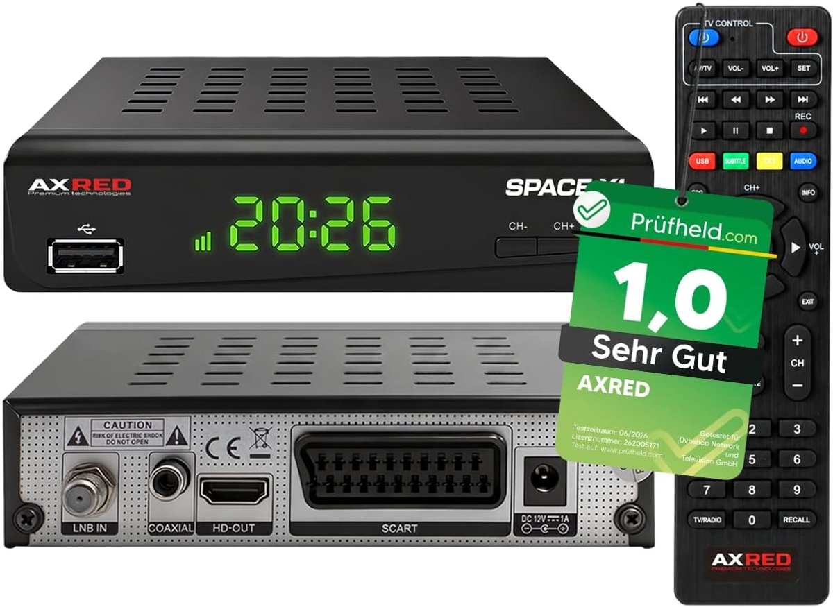 Satellietontvanger - AXRED SPACE X1 - Full HD - Digitale HDTV Ontvanger met Opnamefunctie - Voor Satelliet TV