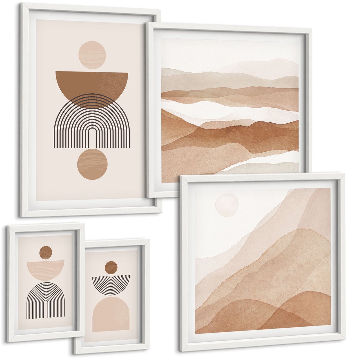 Coloray 5-Delige Schilderij Set - Abstracte Composities In Aardetinten En Geometrische Vormen - 50 x 50 cm, 20 x 30 cm En 40 x 60 cm - Decoratieve Schilderijen - Woonkamer - Interieur - Stijlvolle Muurdecoratie