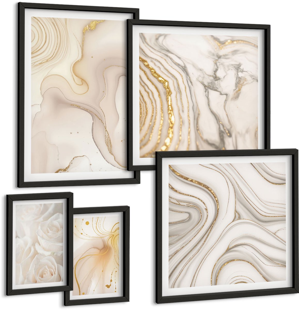 Coloray 5-Delige Schilderij Set - Abstracte Composities In Beige En Witte Tinten. - 50 x 50 cm, 20 x 30 cm En 40 x 60 cm - Stijlvolle Muurdecoratie - Slaapkamer - Woonkamer Decoratie Zwarte lijst