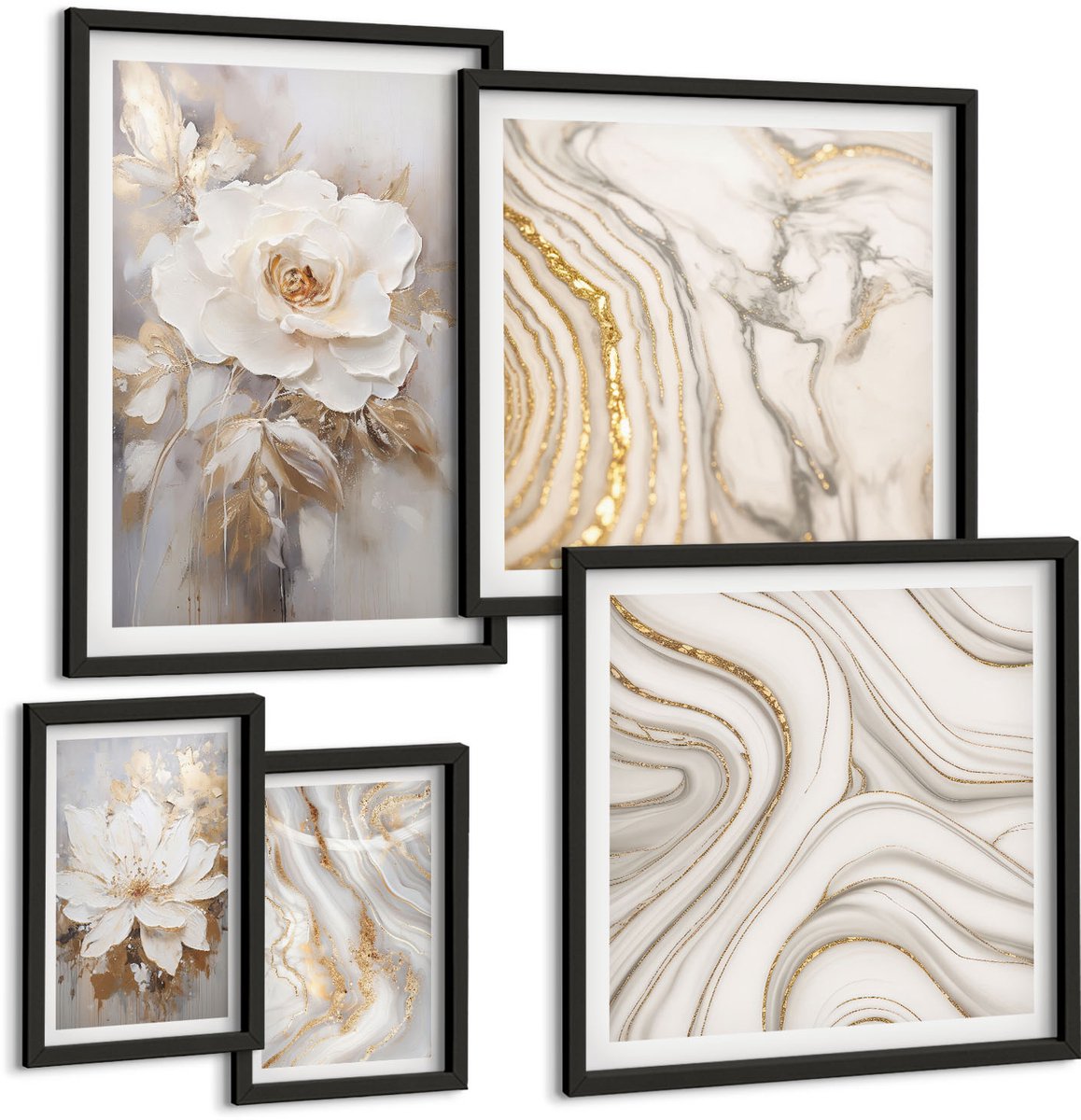 Coloray 5-Delige Schilderij Set - Bloemmotieven En Abstracte Patronen In Een Elegante Stijl. - 50 x 50 cm, 20 x 30 cm En 40 x 60 cm - Wanddecoratie - Schilderijen Set - Kantoor - Interieur Decoratie Zwarte lijst