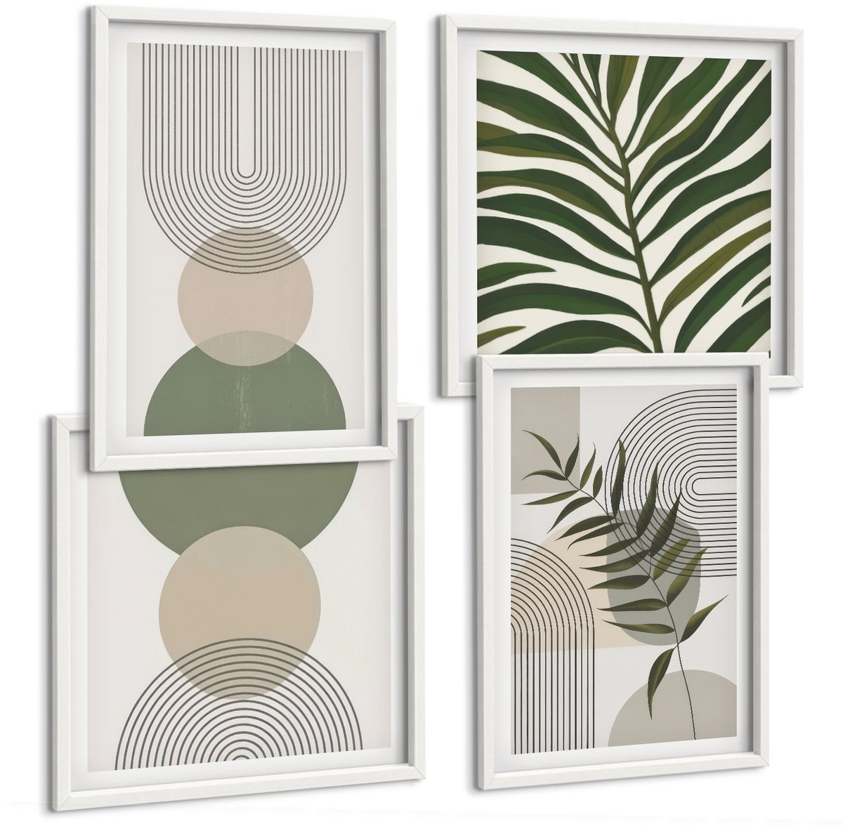 Coloray 4-Delige Schilderij Set - Abstracte Vormen En Bladeren In Boho-Stijl - 40 x 40 En 40 x 60 - Wanddecoratie - Woonkamer Decoratie - Muurdecoratie Witte lijst