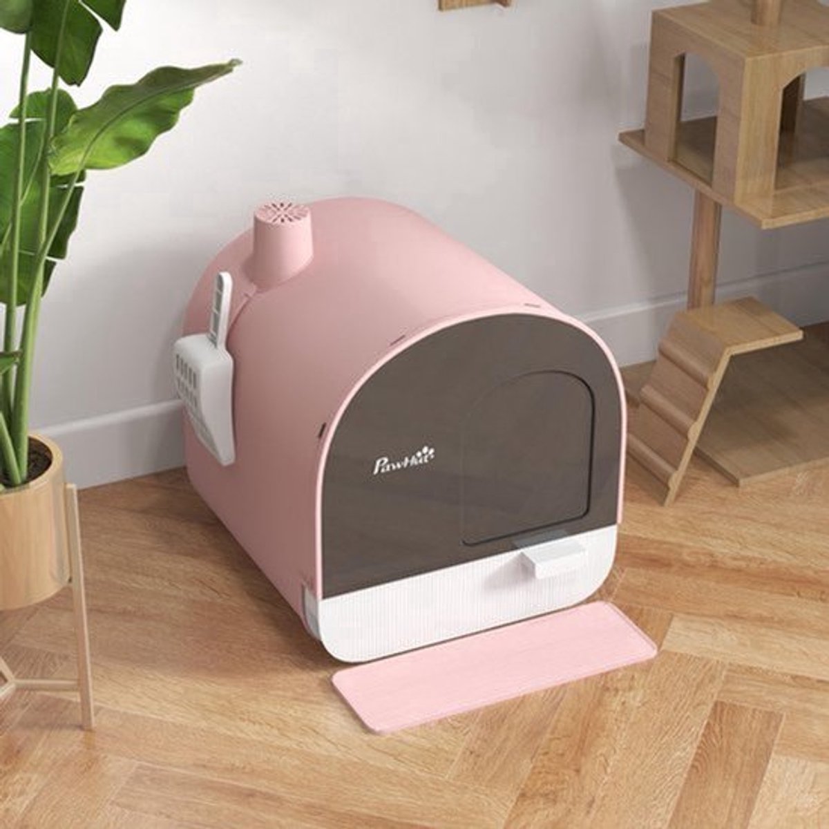Kattentoilet – Kattenbak – Kattentoilet Met Deksel – Kattenbaksysteem – Kattenbak Met Schep – Gesloten Design – Inclusief Kattenbakmat – Duurzaam Kunststof – Roze/Zwart
