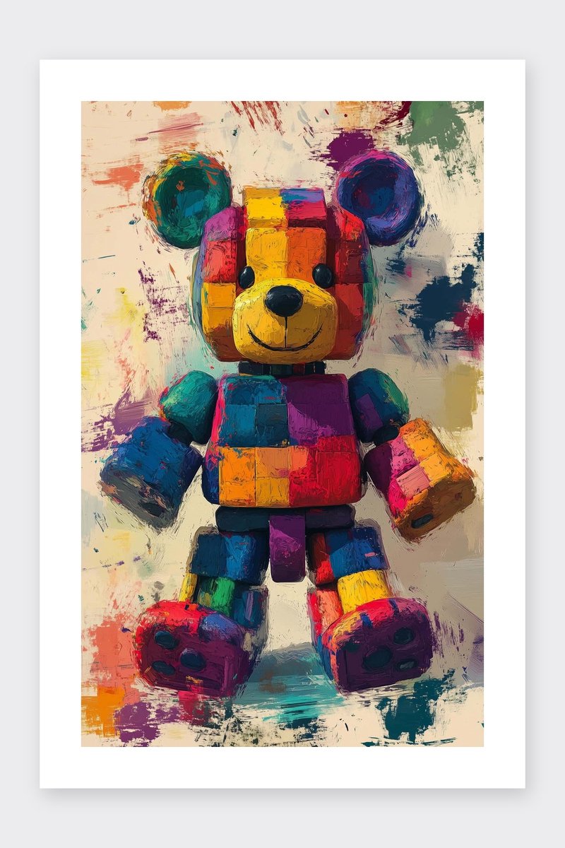 Beer Kleurrijk Poster - Dieren Posters - Kunst - Passe-Partouts Effect - Wanddecoratie Kinderkamer - 180 gram papier - BL6009YR - Formaat 70 x 100cm