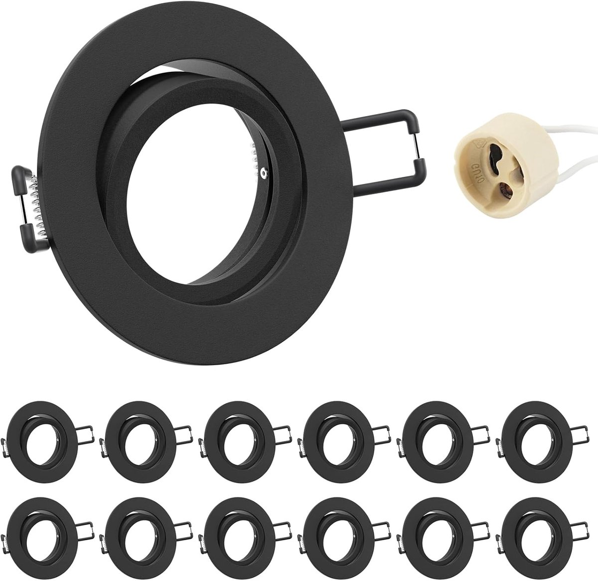 12 x inbouwspot, GU10, aluminium, draaibaar, zwart, houder, inbouwspot, montageframe met GU10-fitting, ronde plafondspot 68 mm, extra plat, voor led, montagegat Ø 60-75 mm