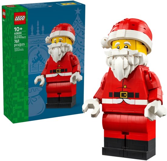 LEGO Santa Minifiguur, schaal 1:1, met rode kerstmuts, baard, rood pak met riem en zwarte schoenen.