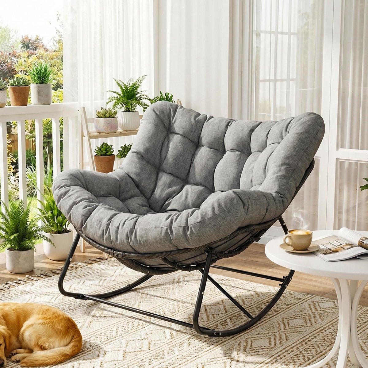 LIFERUN Schommelstoel met rotan Relaxstoel Fauteuil Woonkamerstoelen - Afneembaar Kussen - Grijs
